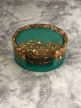 Resin Coaster Set with Holder in Teal and Gold